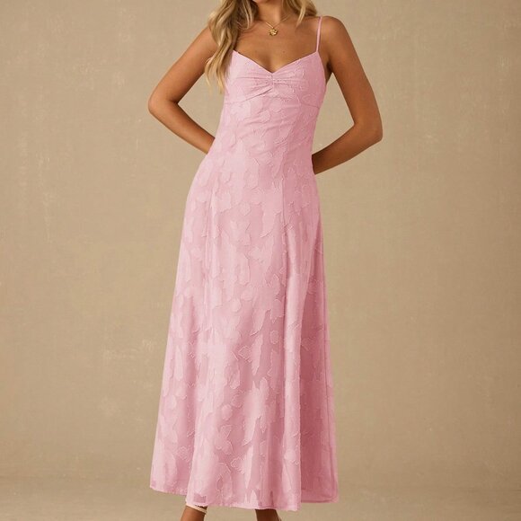 Coral Pink Elegant Women's Pleated Bust Textured Open Back Camisole Dress - Picture 6 of 6